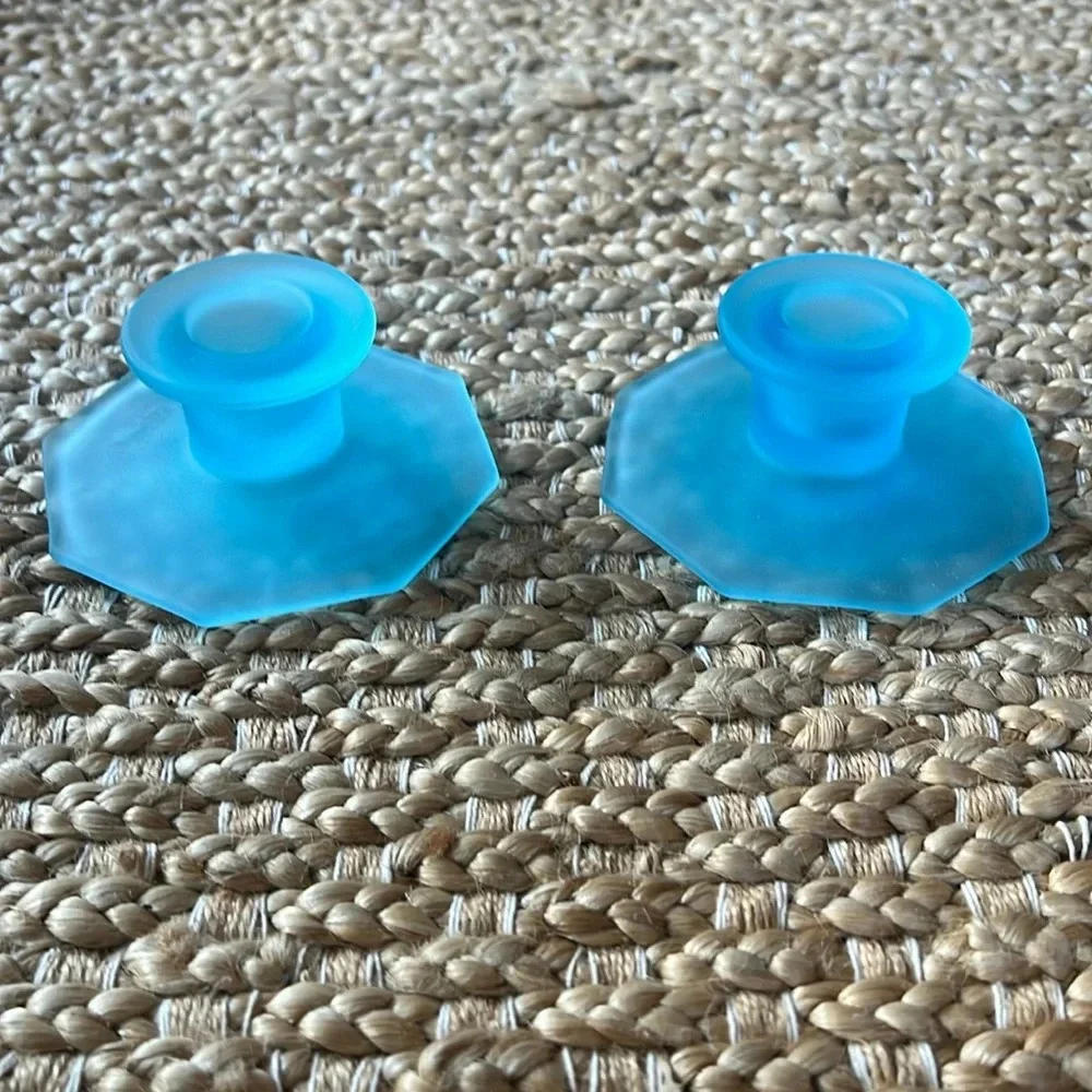 Set of 2 Octagonal Base Taper Candle Holders in Opaque Blue Glass. Beachy